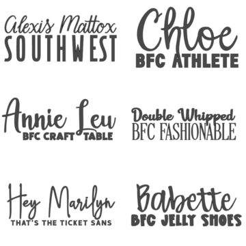 Grid of six Cricut font pairings featuring script and bold text styles with names like “Chloe BFC ATHLETE” and “Double Whipped BFC FASHIONABLE.”
