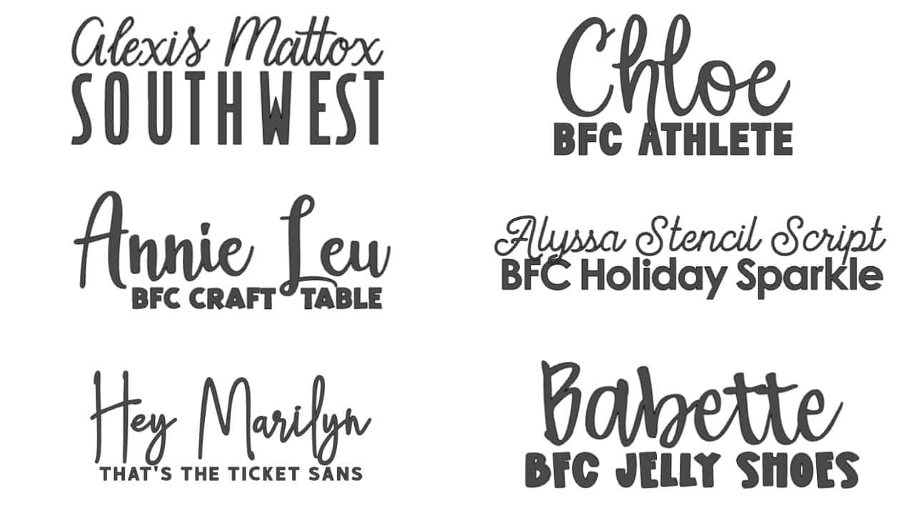 Image showing six Cricut font pairings, each with a script font on top and a bold block font underneath, labeled with names like “Chloe” and “BFC ATHLETE.”