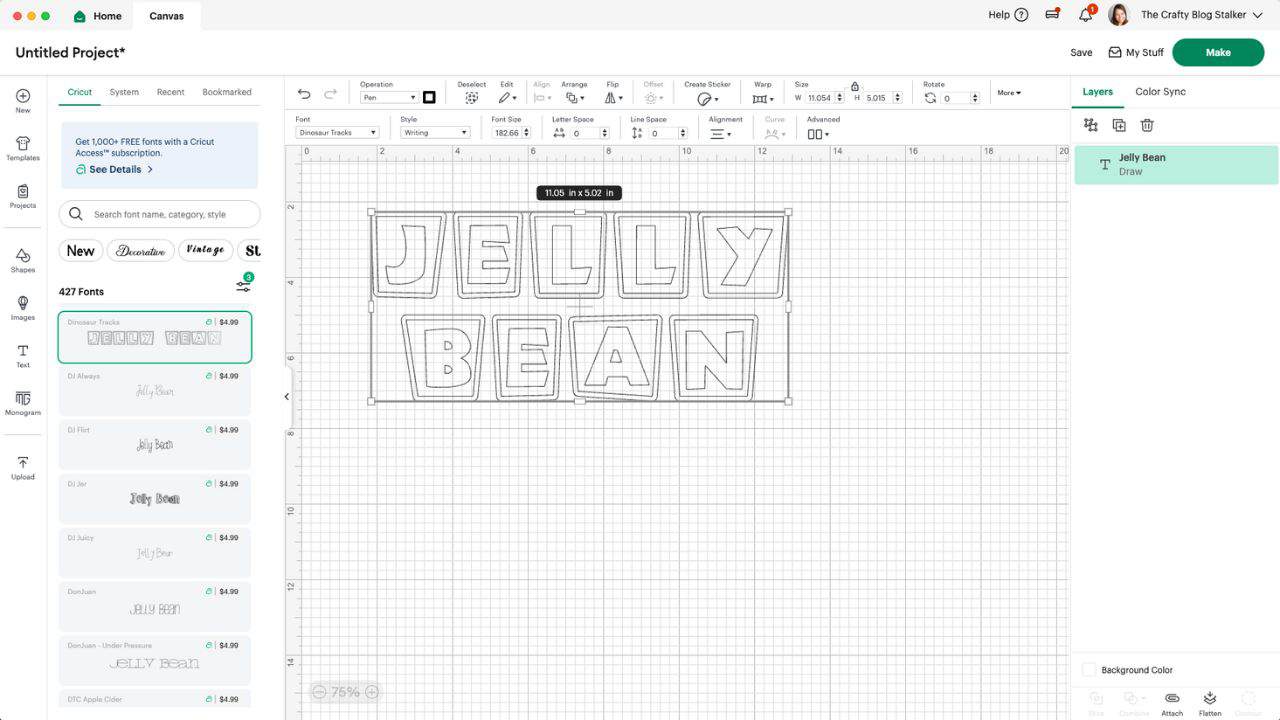 Cricut Design Space screenshot with the word “Jelly Bean” in a writing font called Dinosaur Tracks, outlined in block letters for pen operation.