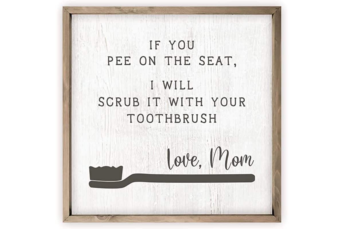 A sign that reads - If you pee on the seat, I will scrub it with your toothbrush. Love mom.