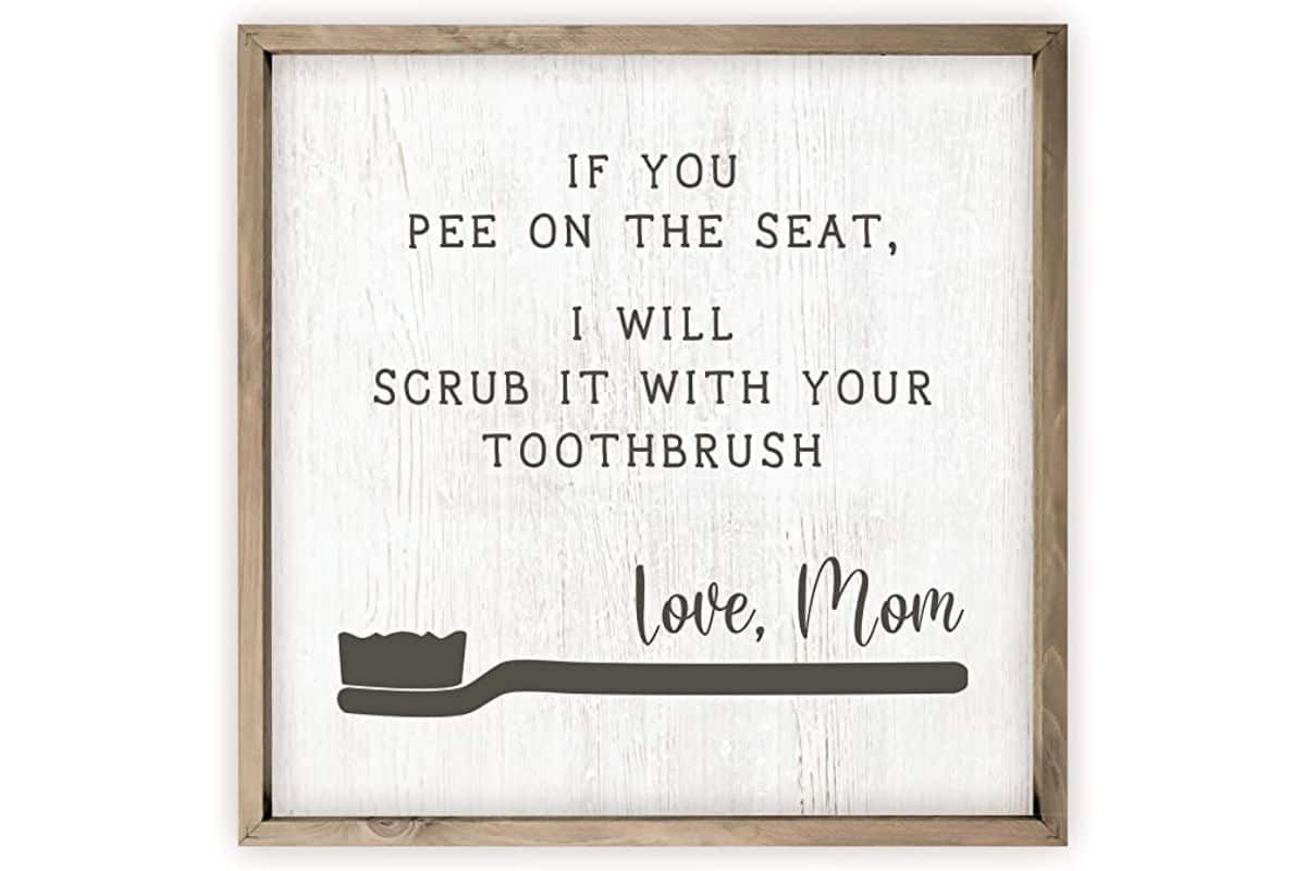 Bathroom Sign - A sign that reads - If you pee on the seat, I will scrub it with your toothbrush. Love mom.