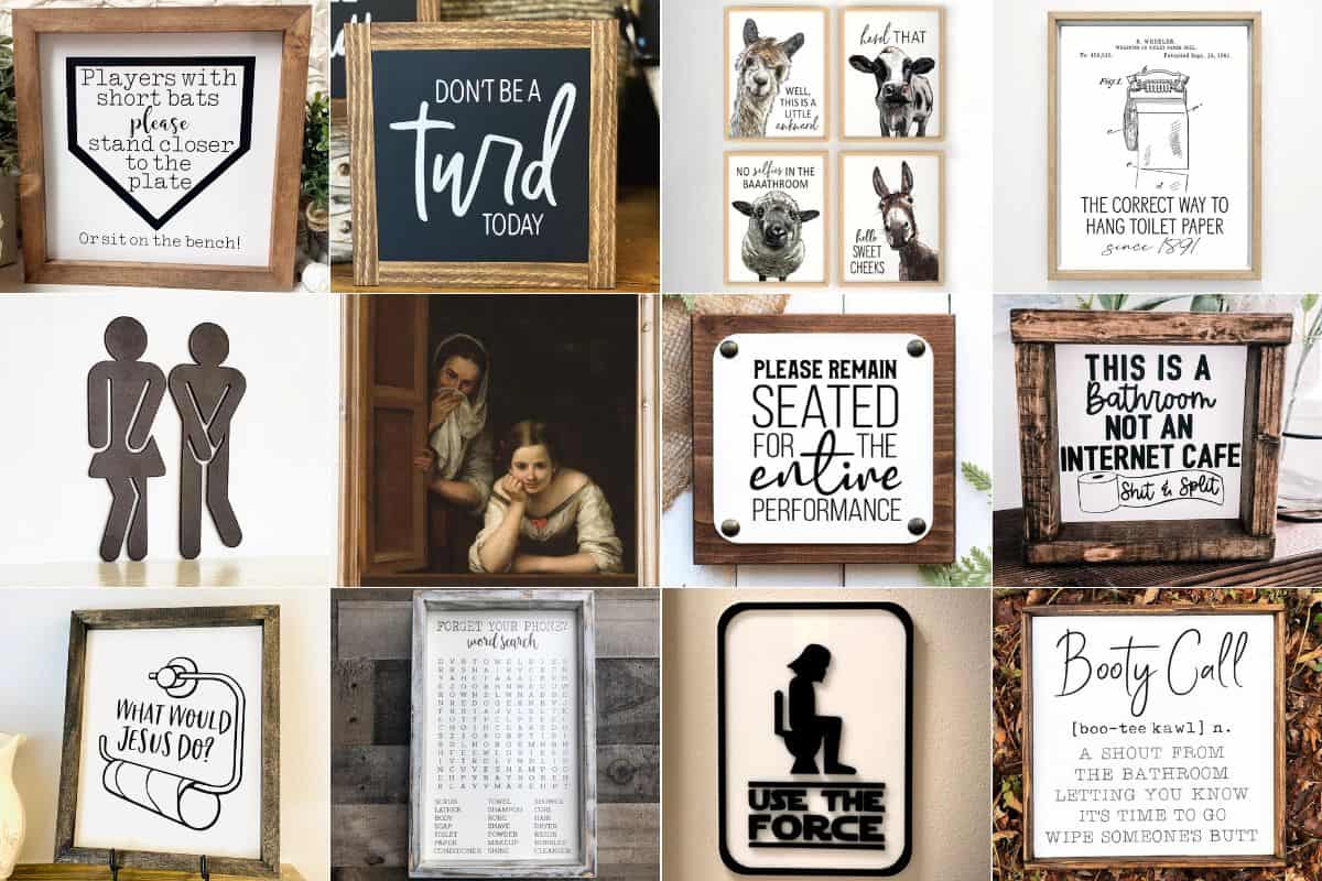 Collage with 12 funny bathroom signs.