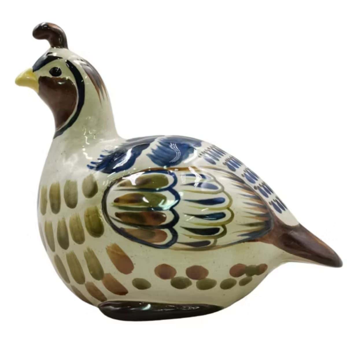 Decorative ceramic quail figurine with painted green, brown, blue, and cream feather details on a white background.