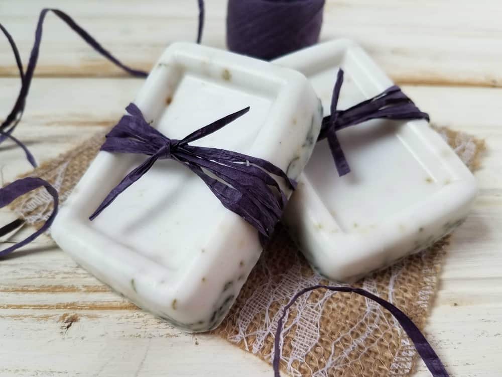 Lavender soap bars wrapped with purple rafia.