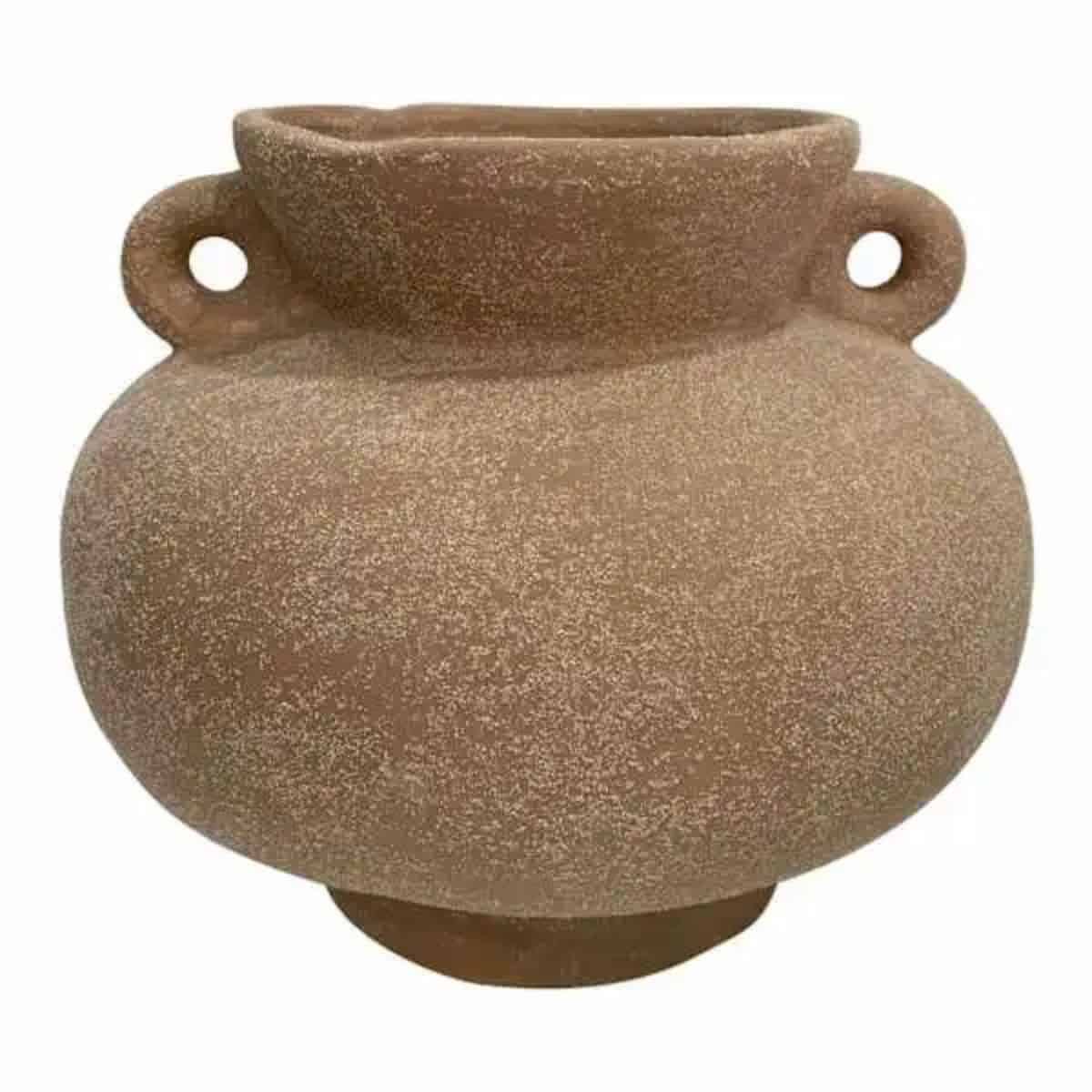Rustic brown ceramic vase with a rounded body, textured finish, wide opening, and two small loop handles on a white background.