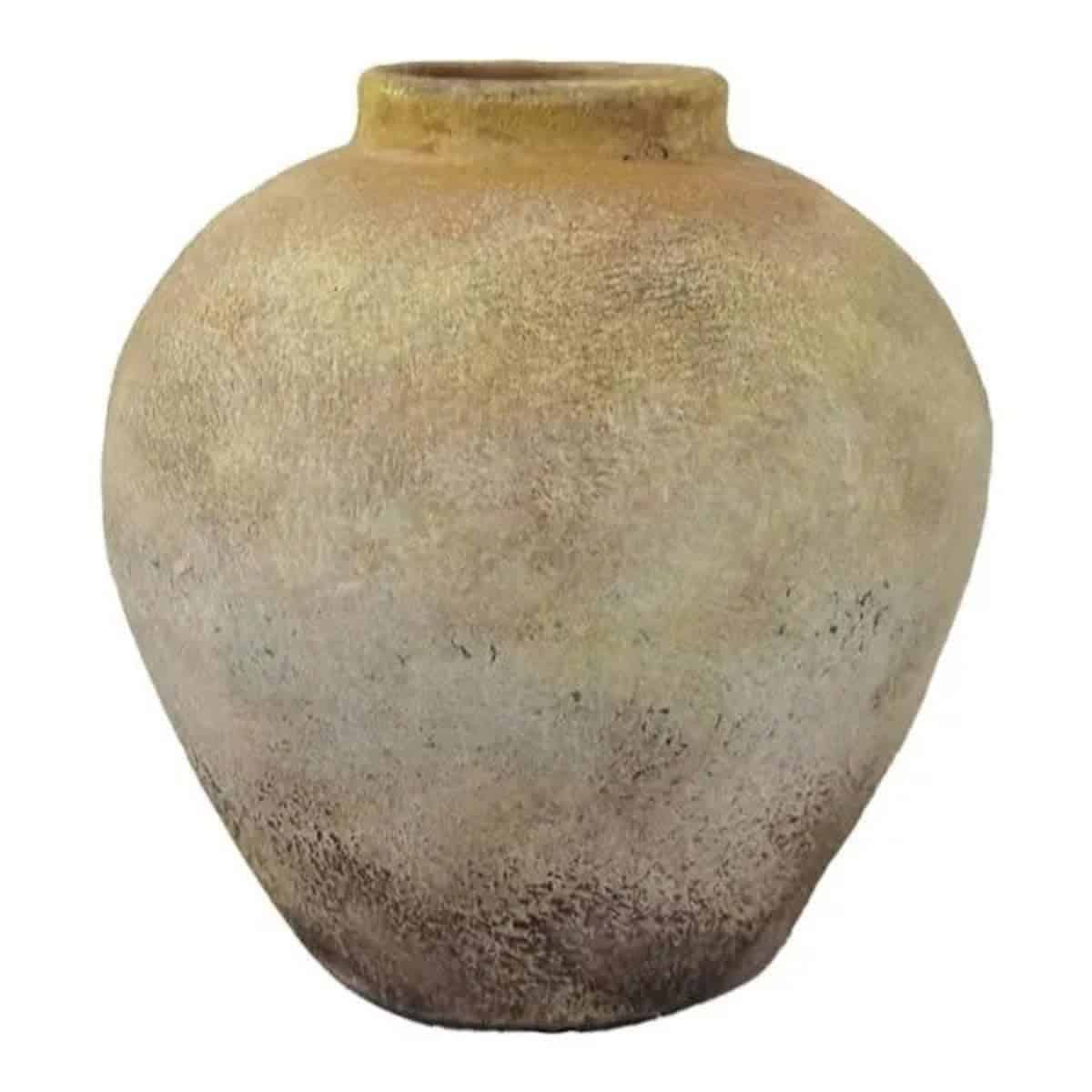 Neutral textured ceramic vase with a rounded shape, narrow opening, and warm beige finish on a white background.