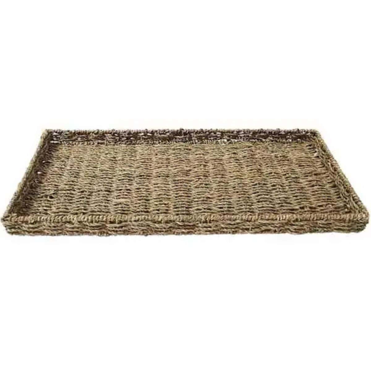 Neutral woven rectangular decorative tray with a natural brown texture and low raised edges on a white background.