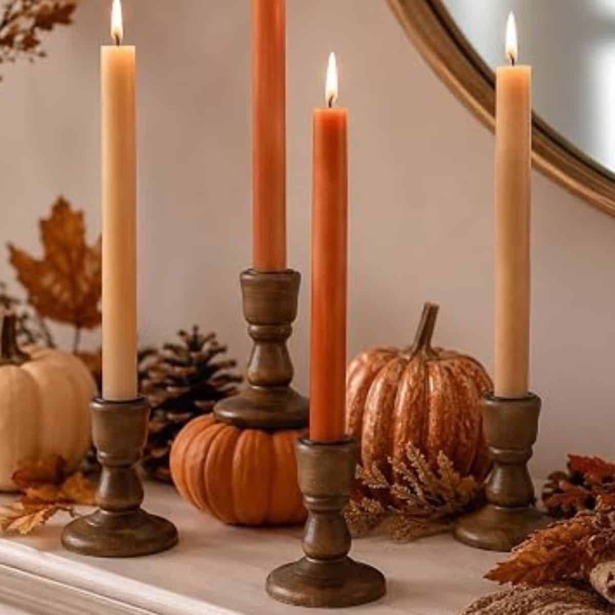 Fall mantel display with lit taper candles in wooden holders, orange and cream pumpkins, pinecones, and autumn leaves.