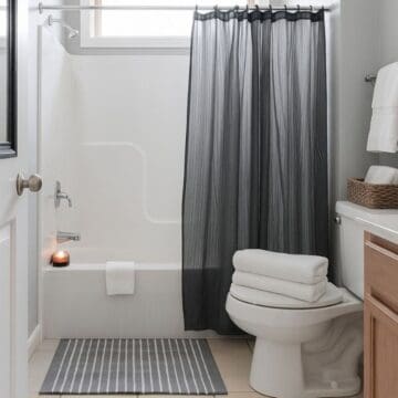 Modern bathroom with a white tub and toilet, black sheer shower curtain, striped gray rug, folded white towels, and a lit candle on the tub ledge.