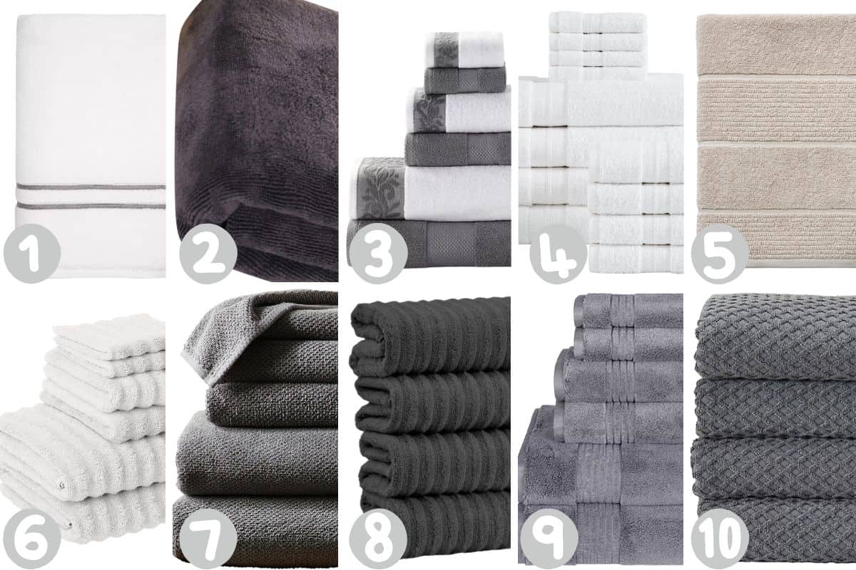 Ten sets of bath towels in a grid, labeled 1 to 10, featuring a mix of solid colors, textures, patterns, and towel bundle arrangements.