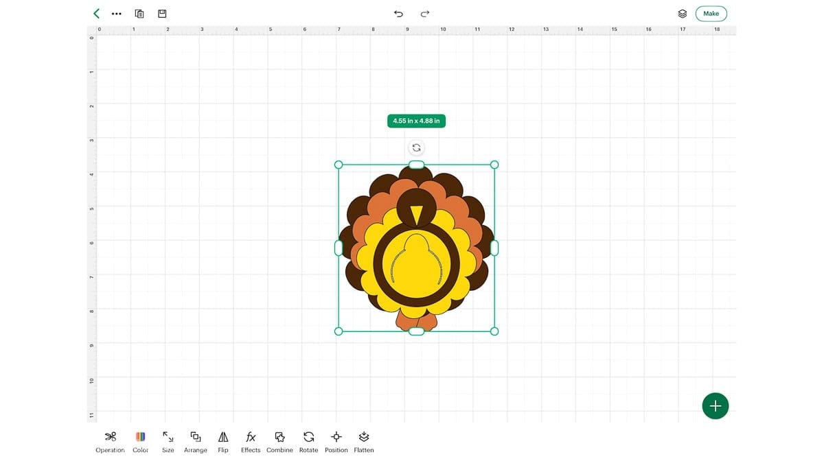 Cricut Design Space canvas showing a layered turkey treat holder SVG selected and sized to about 4.55 by 4.88 inches.