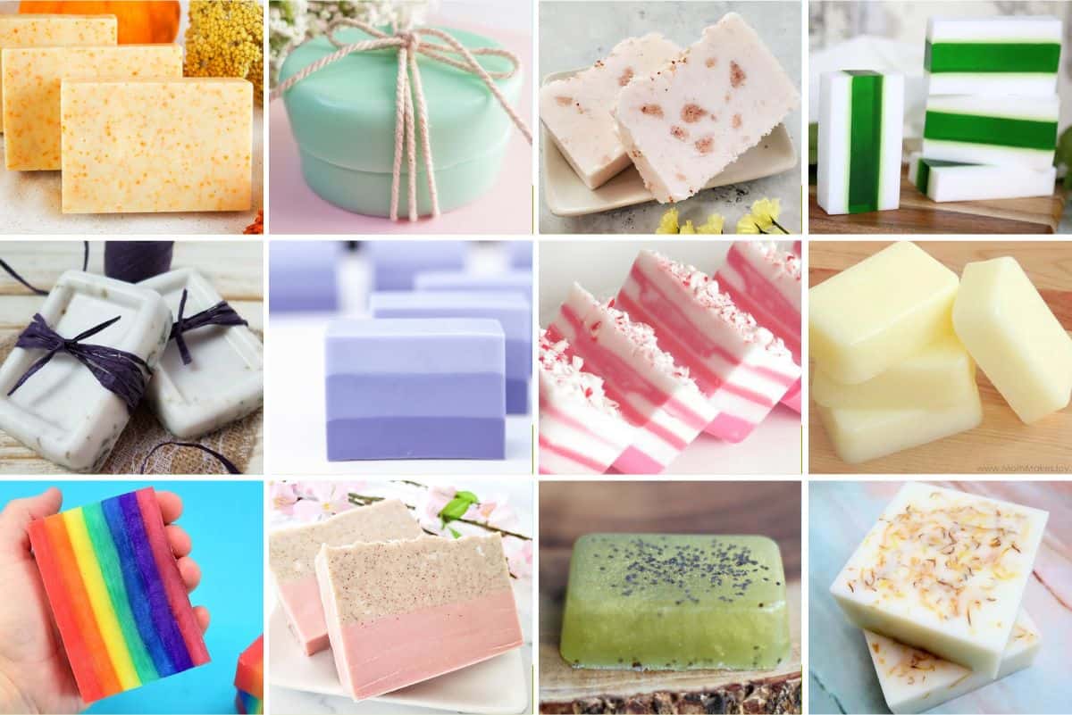 Collage with 12 handmade soaps.