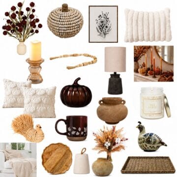 Collage of neutral fall decor featuring pillows, vases, candles, pumpkins, floral arrangements, a lamp, trays, wall art, and seasonal accents.