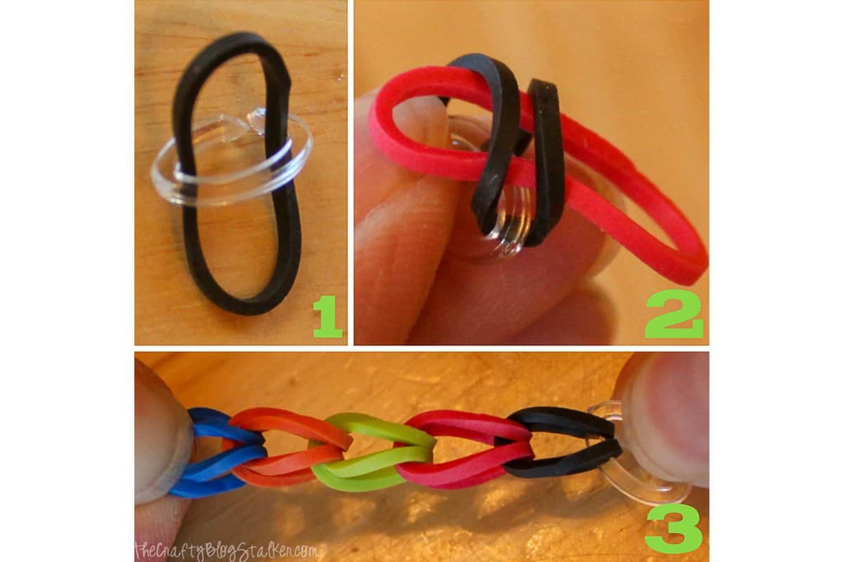 A collage image of steps to make the bracelet.