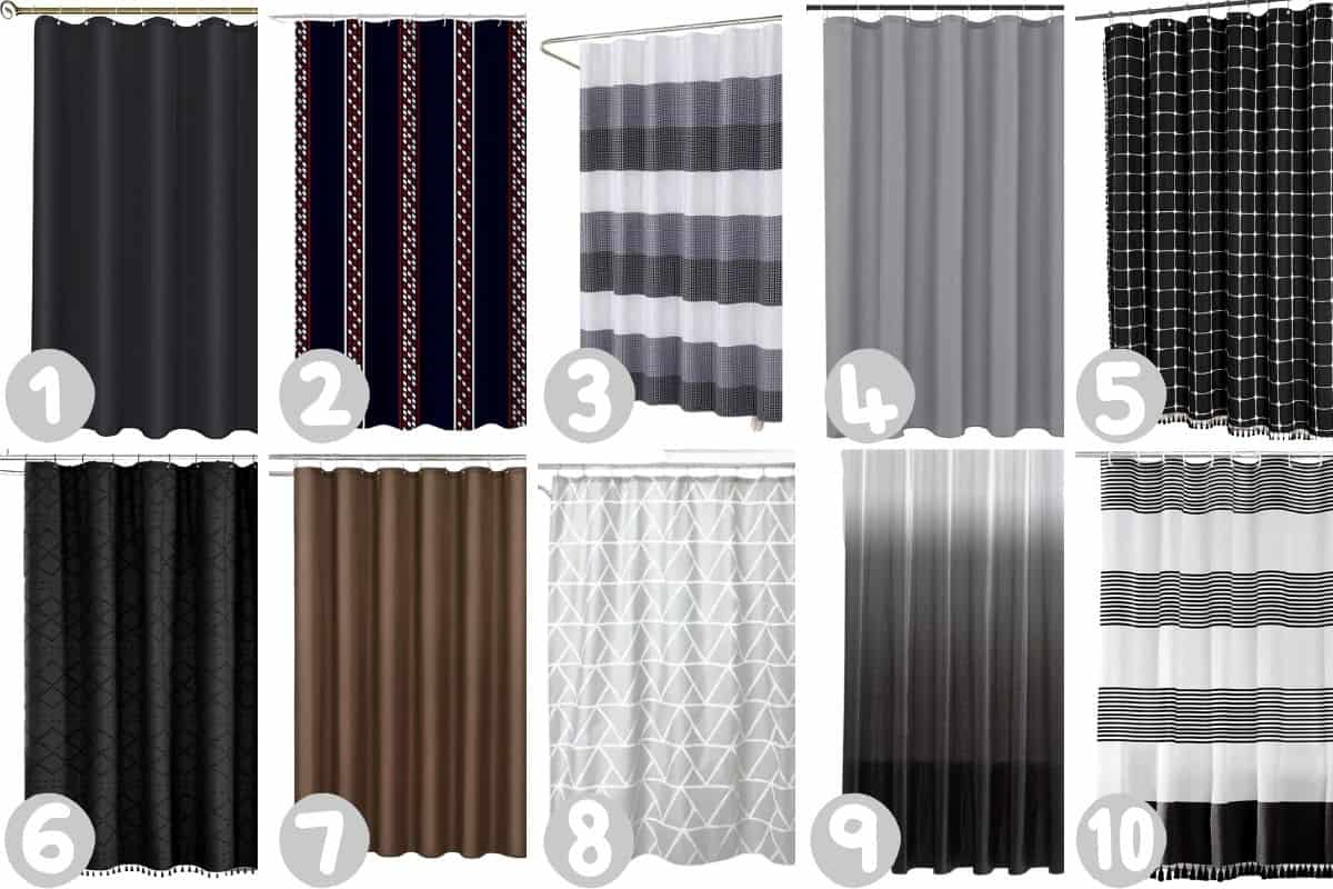 Image shows 10 different shower curtain designs in black, gray, white, and brown tones, each labeled with a number from 1 to 10 for comparison.