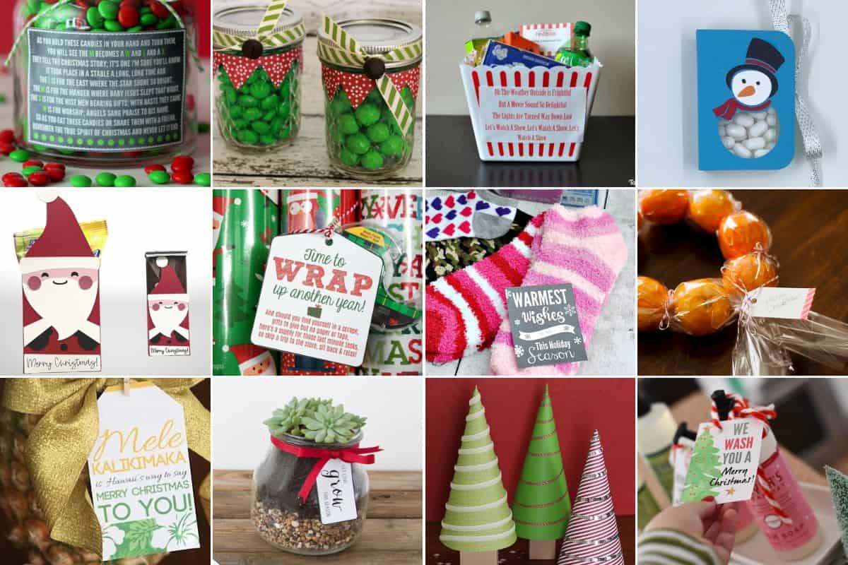 Collage image with 12 DIY Christmas Neighbor Gifts.