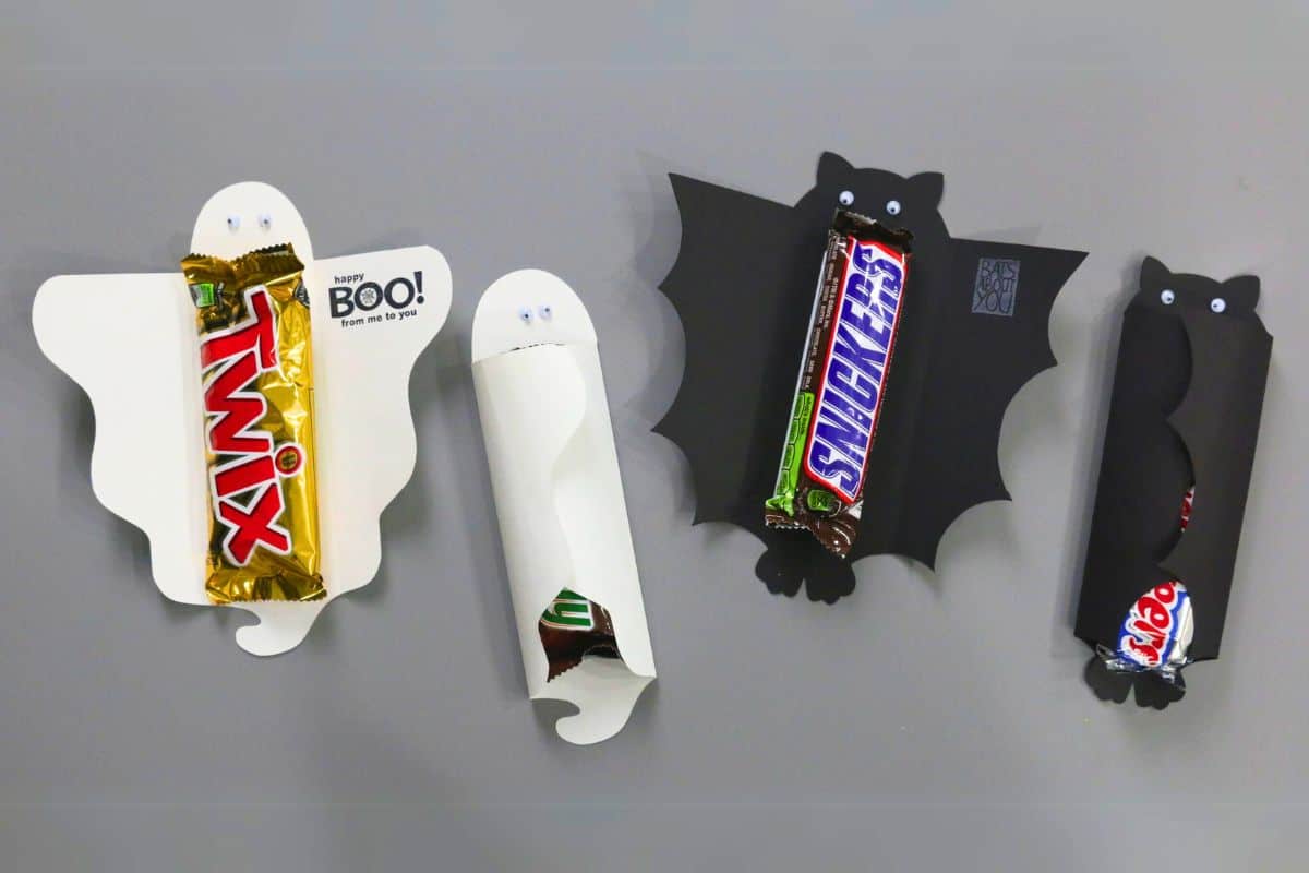Halloween candy bar wrapper of a ghost and a bat.