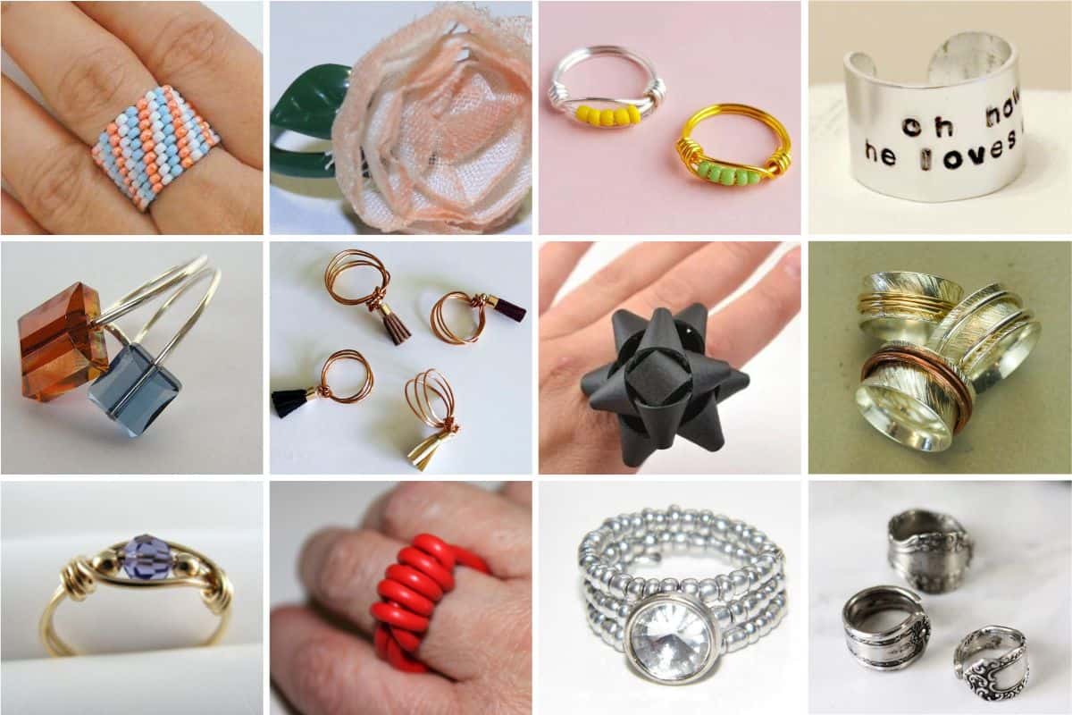 Collage image with 12 different handmade rings.