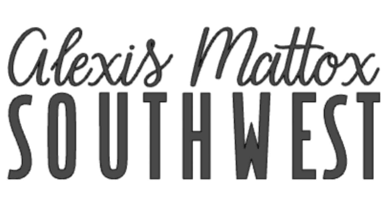 Cricut font example showing "Alexis Mattox" in a script font and "SOUTHWEST" in bold uppercase block letters.