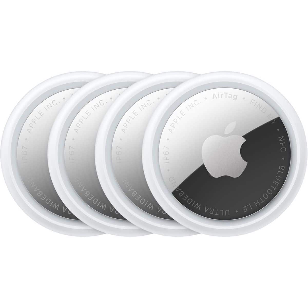 Set of four Apple AirTag tracking devices with white outer rings and stainless steel centers displayed on a white background.