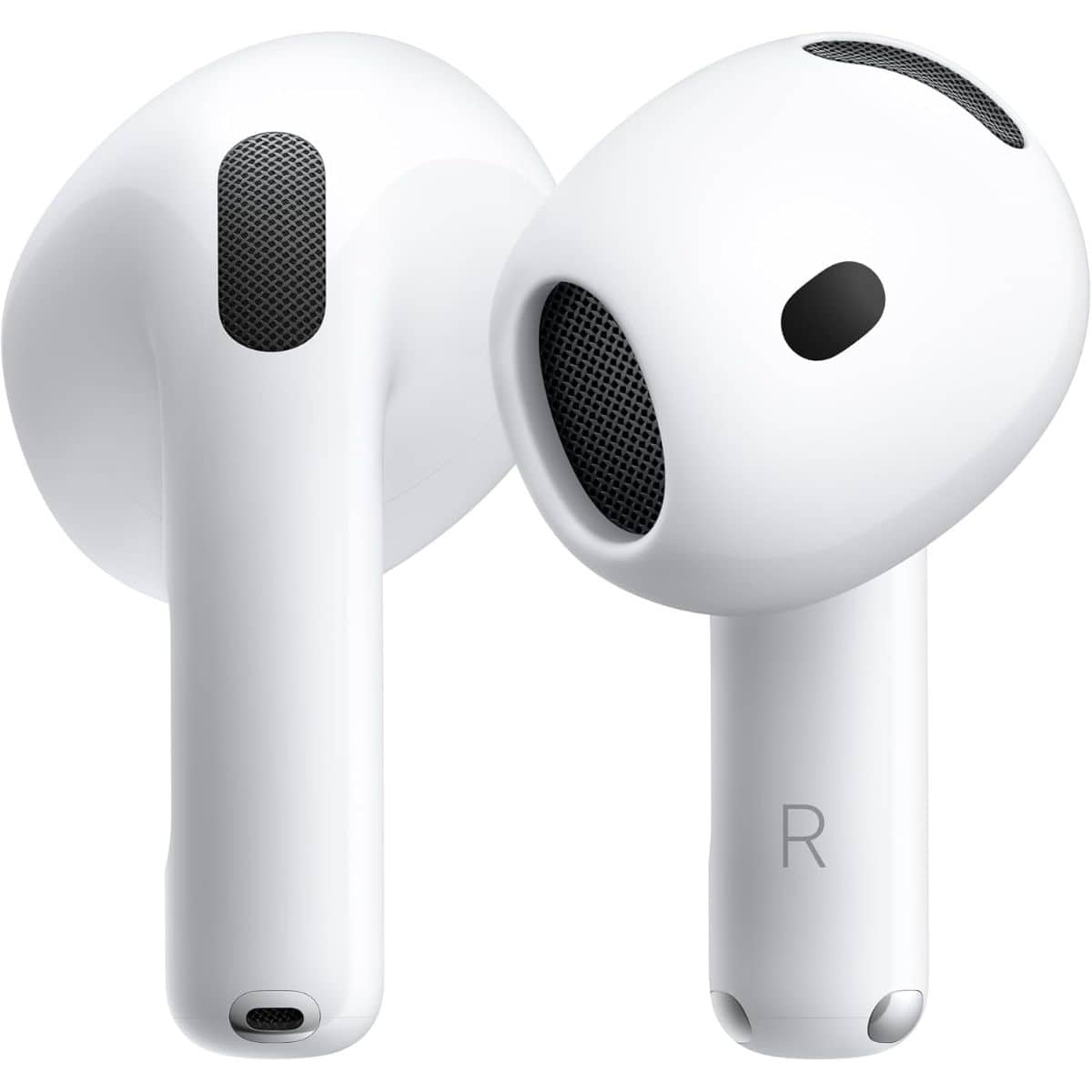 Pair of white Apple AirPods wireless earbuds with black speaker openings on a white background.