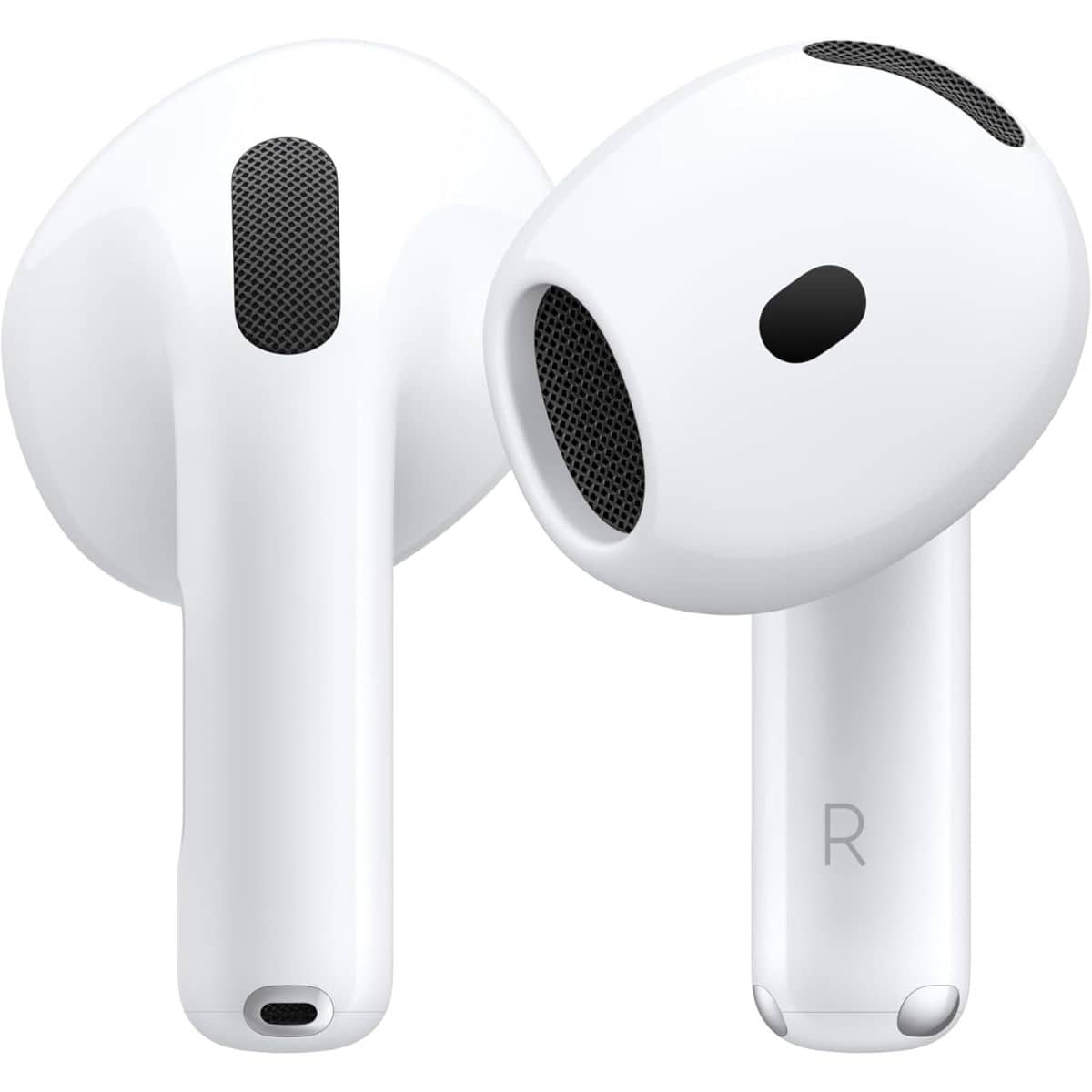 Close-up of a pair of white Apple AirPods with black speaker grills, showing the sleek wireless earbud design.
