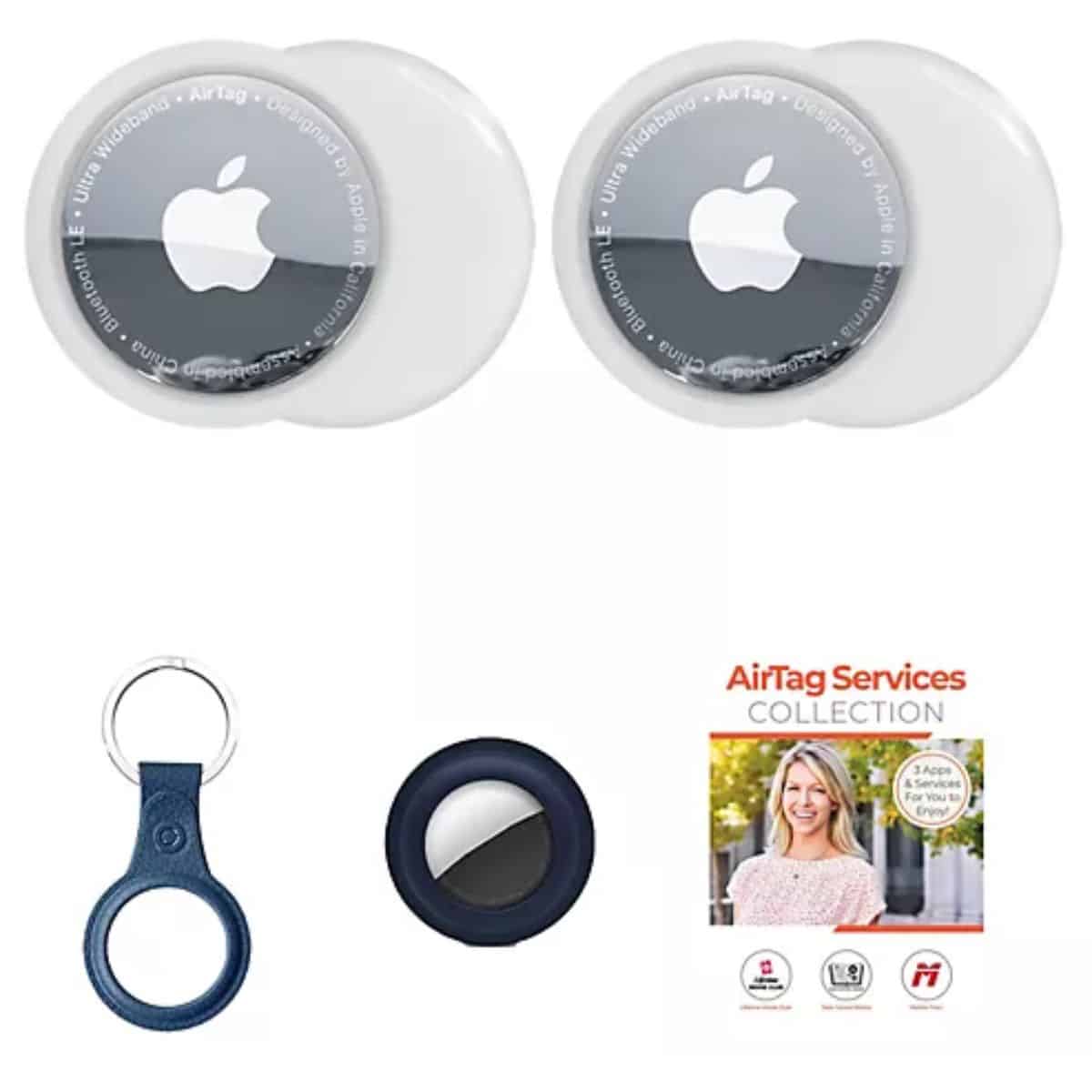 Apple AirTag set with two tracking devices, a blue keychain holder, a black silicone case, and an AirTag services collection card.