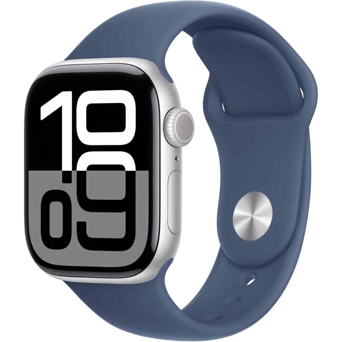Apple Watch with a blue sport band and silver case, showing a large digital time display on the black screen against a white background.