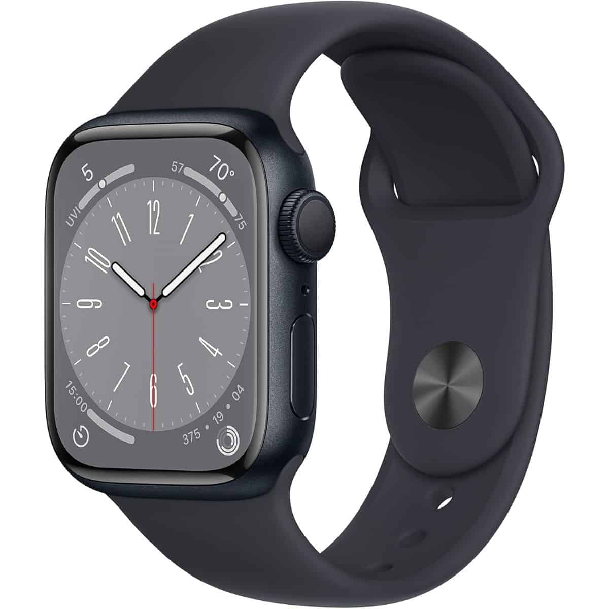 Apple Watch with a black sport band displaying an analog-style clock face on the screen.