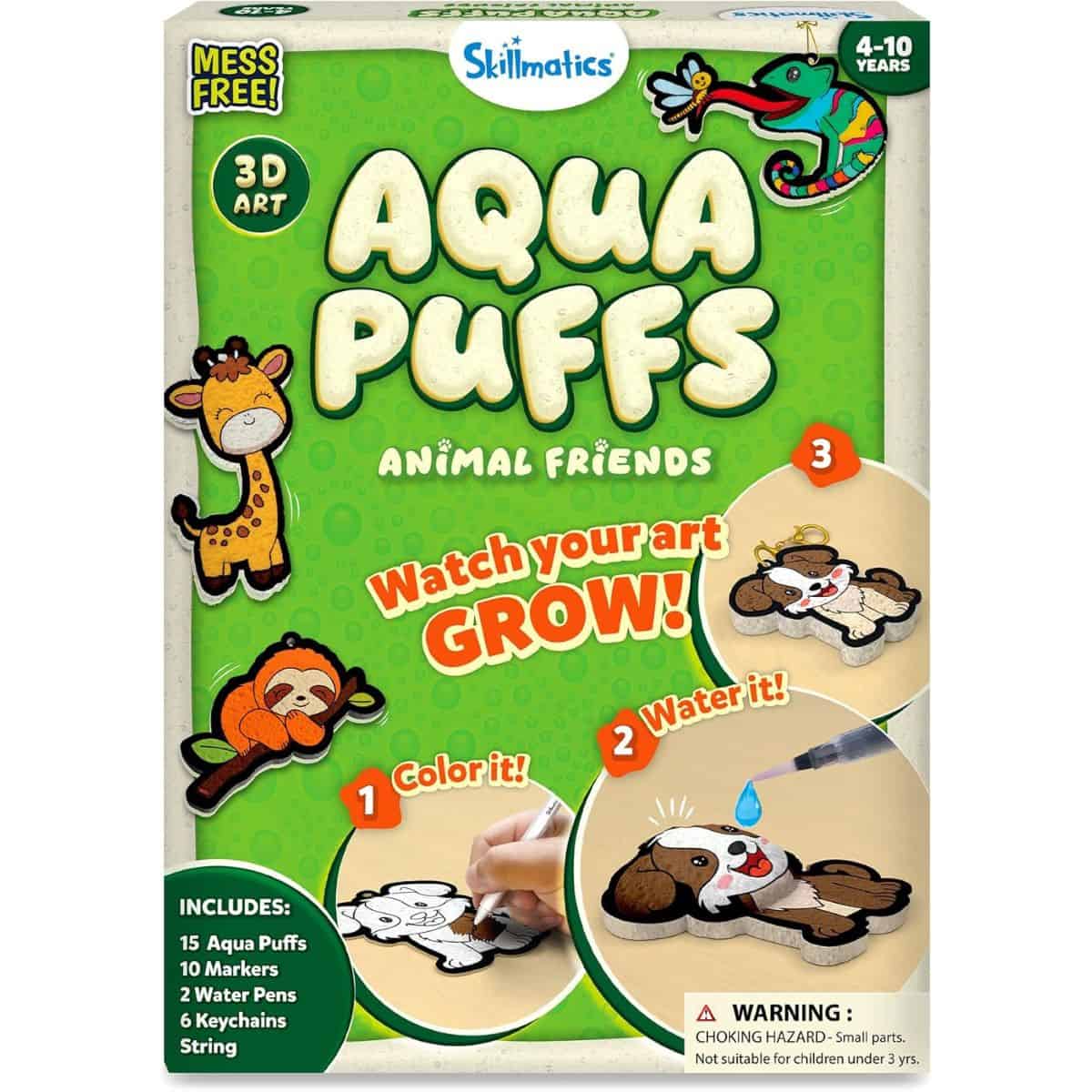 Skillmatics Aqua Puffs Animal Friends 3D art kit for kids, featuring colorable puff designs that grow with water, shown on a green box.