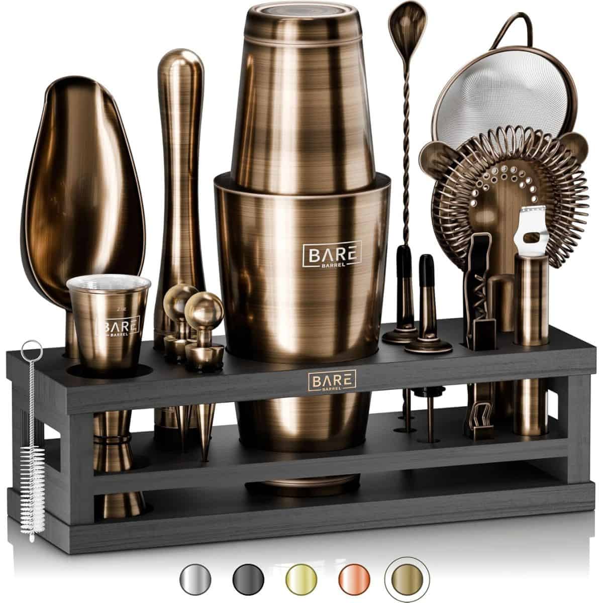 Bronze bartender bar set with cocktail tools, shaker, strainer, jigger, and display stand by Bare Barrel.
