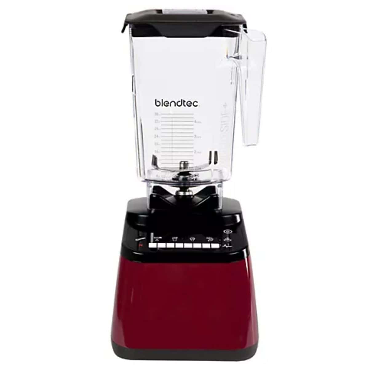 Red Blendtec blender with a clear plastic jar, black lid, and digital control panel.