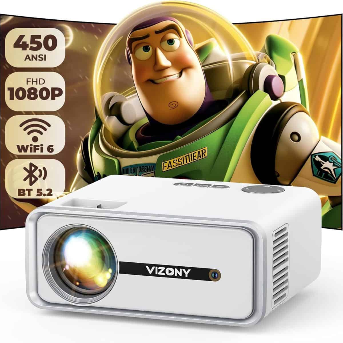 White VIZONY Bluetooth mini projector displaying Buzz Lightyear, featuring 1080P resolution, Wi-Fi 6, and BT 5.2 connectivity.