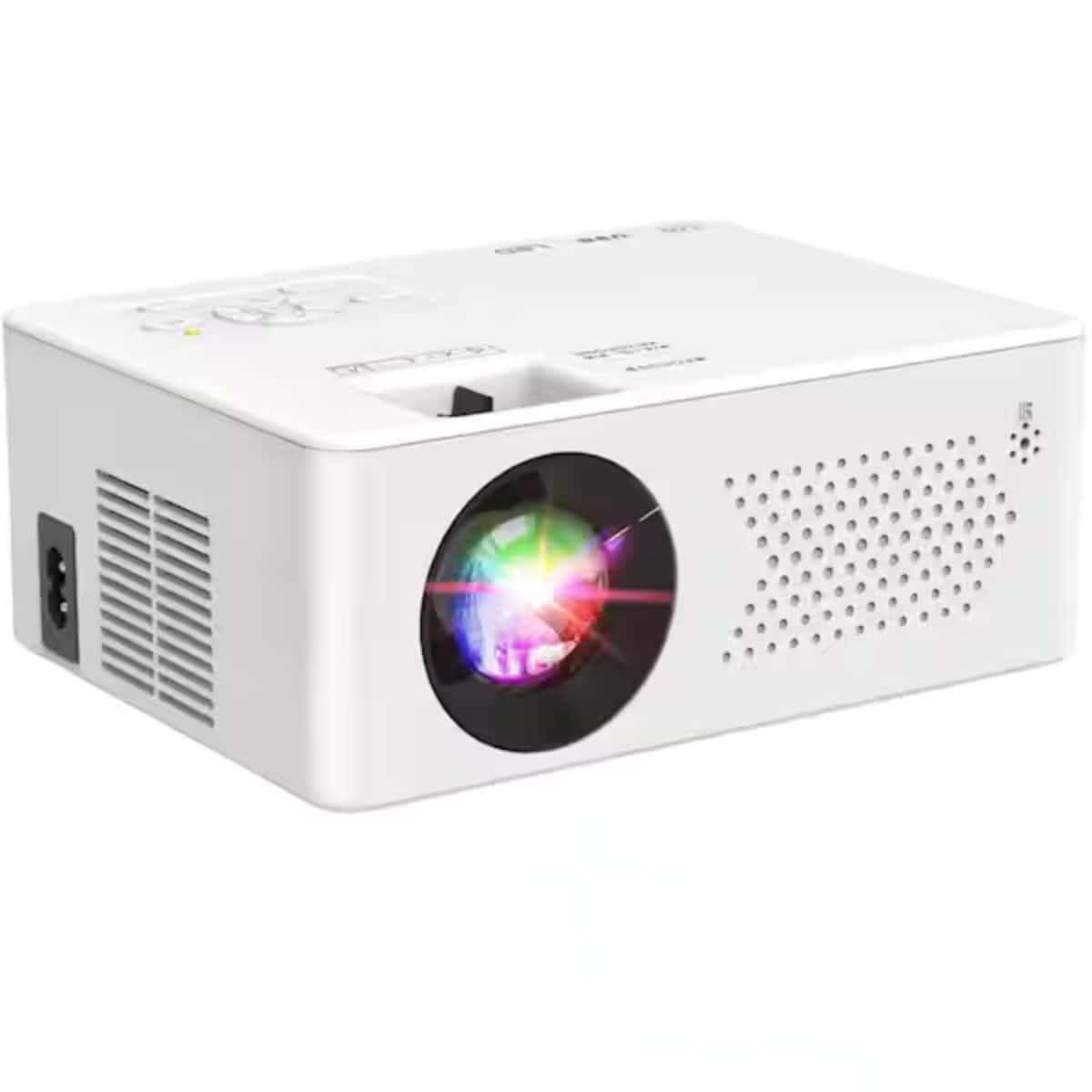 White Bluetooth projector with a front lens, ventilation openings, and controls on top.