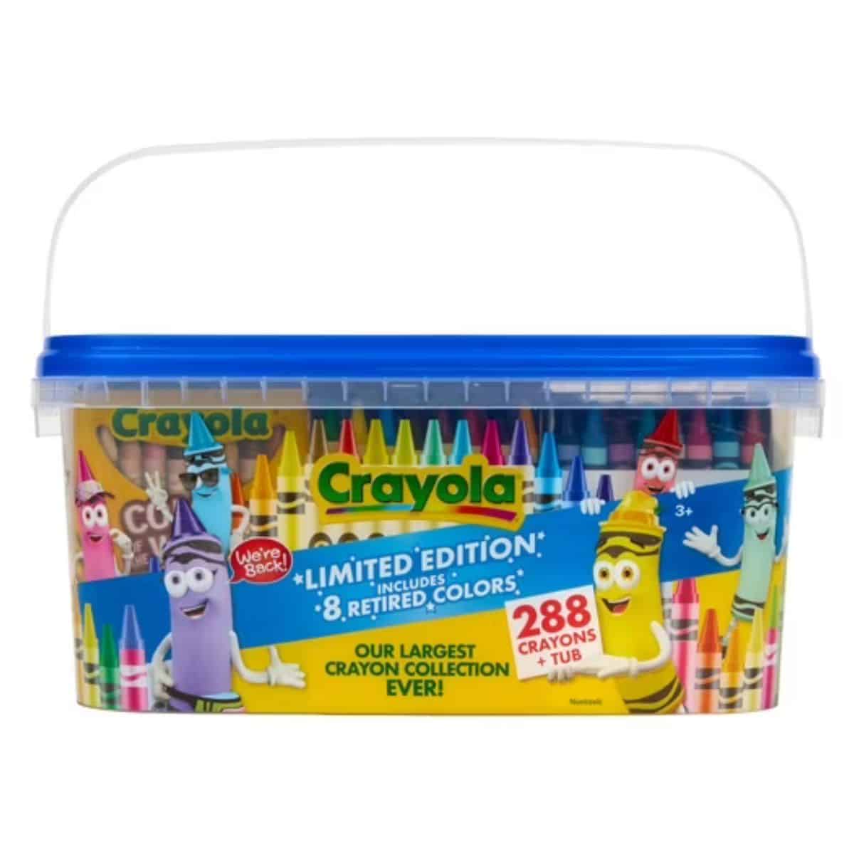Crayola limited edition crayon tub with 288 crayons, featuring colorful cartoon crayon characters and a blue lid with handle.