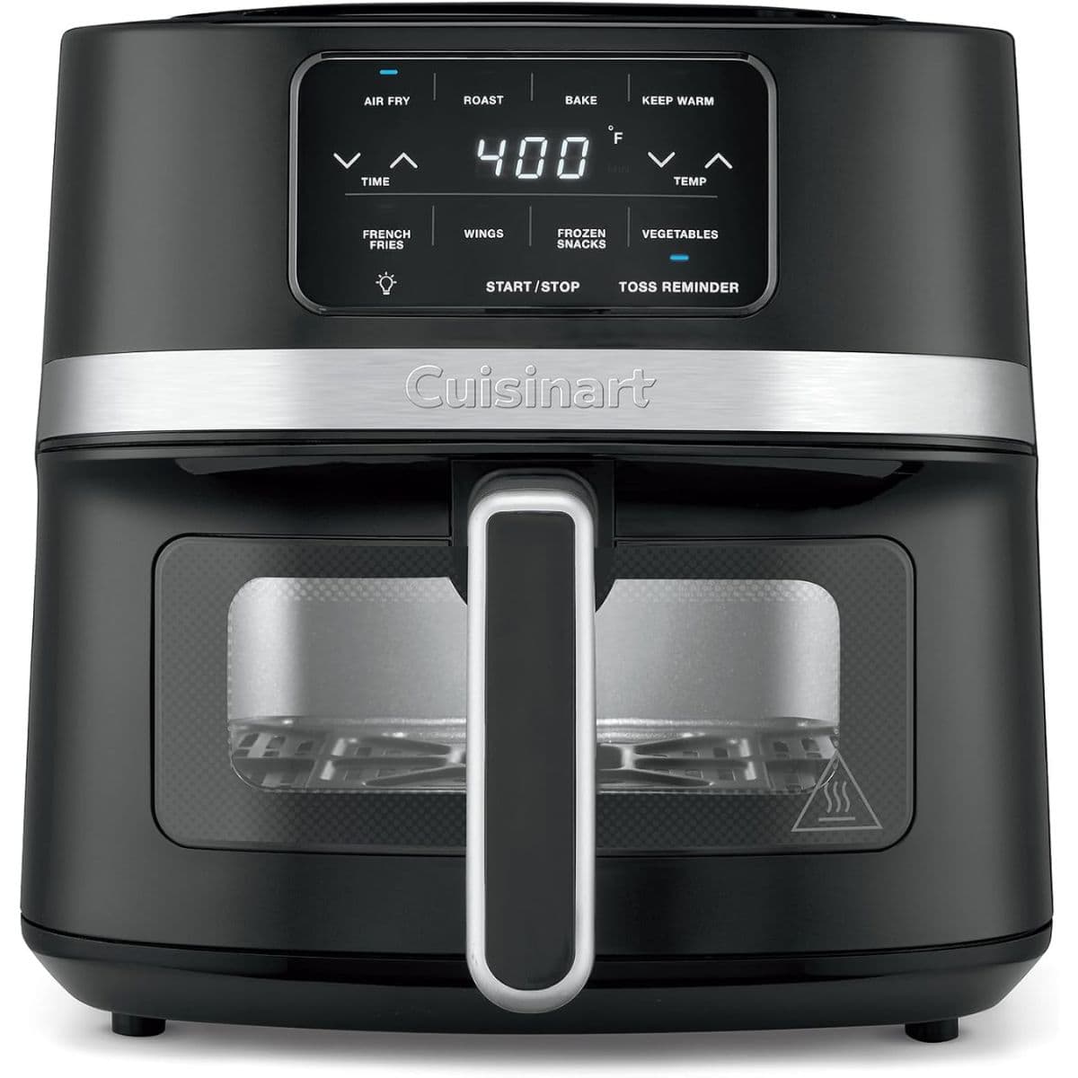 Black Cuisinart air fryer with digital display set to 400°F, featuring cooking modes like air fry, roast, bake, and keep warm.