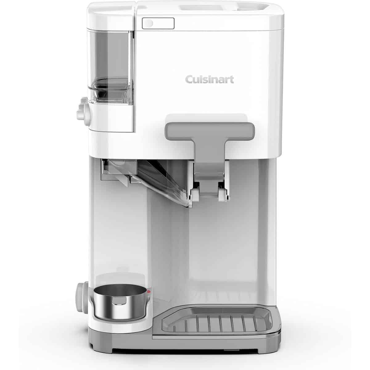White Cuisinart soft serve ice cream machine with gray accents, dispenser handle, and built-in cone holder, shown on a white background.