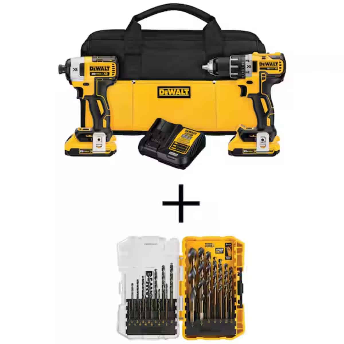 DeWalt cordless drill and impact driver set with batteries, charger, carrying bag, and drill bit set displayed on a white background.
