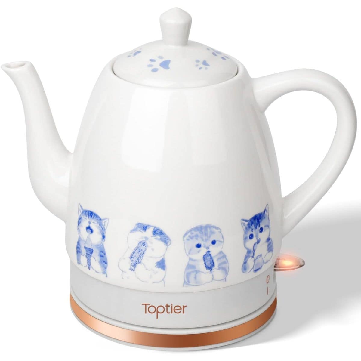White ceramic electric tea kettle with blue kitten designs and a gold base by Toptier.