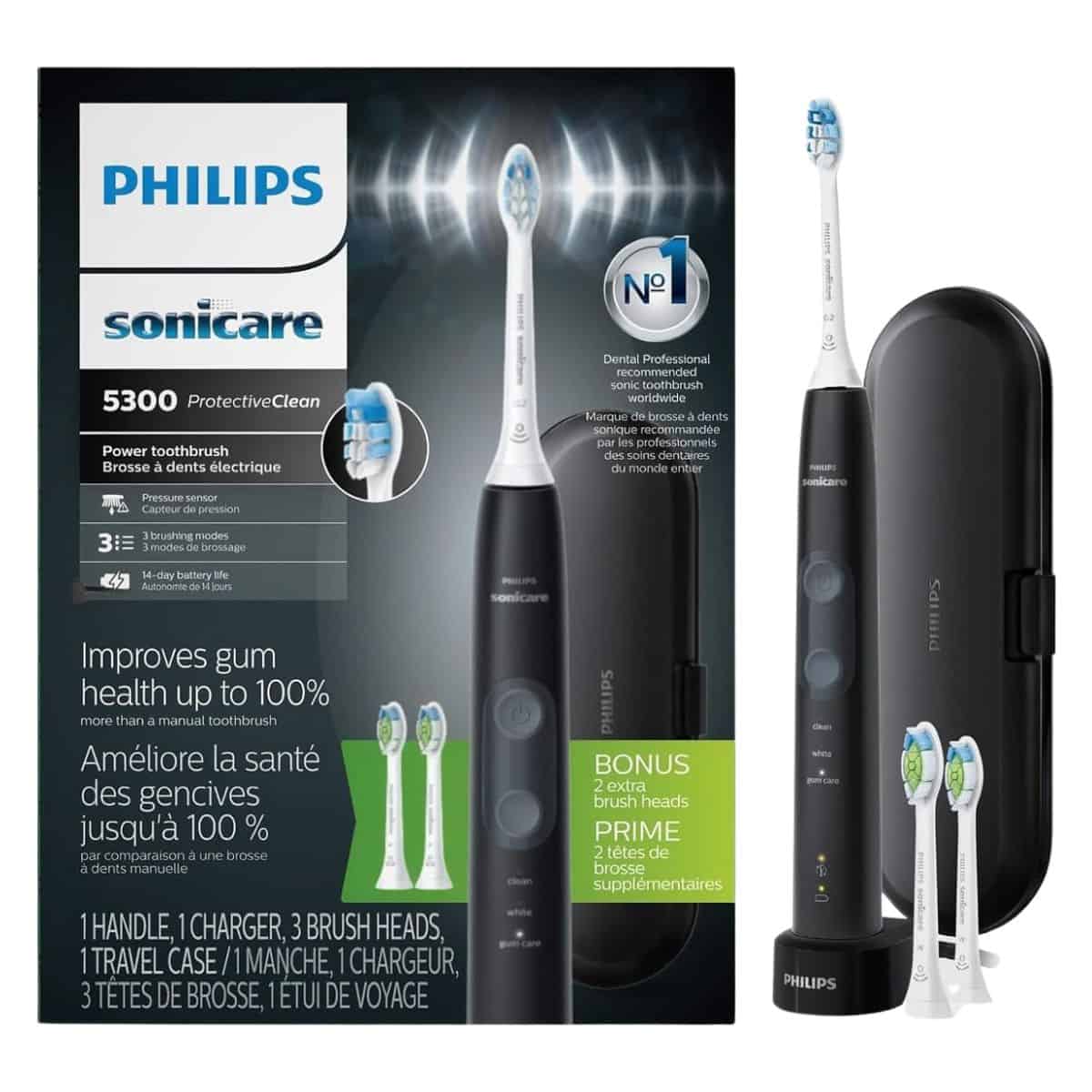 Philips Sonicare 5300 ProtectiveClean electric toothbrush set with brush heads, charger, and travel case in black.