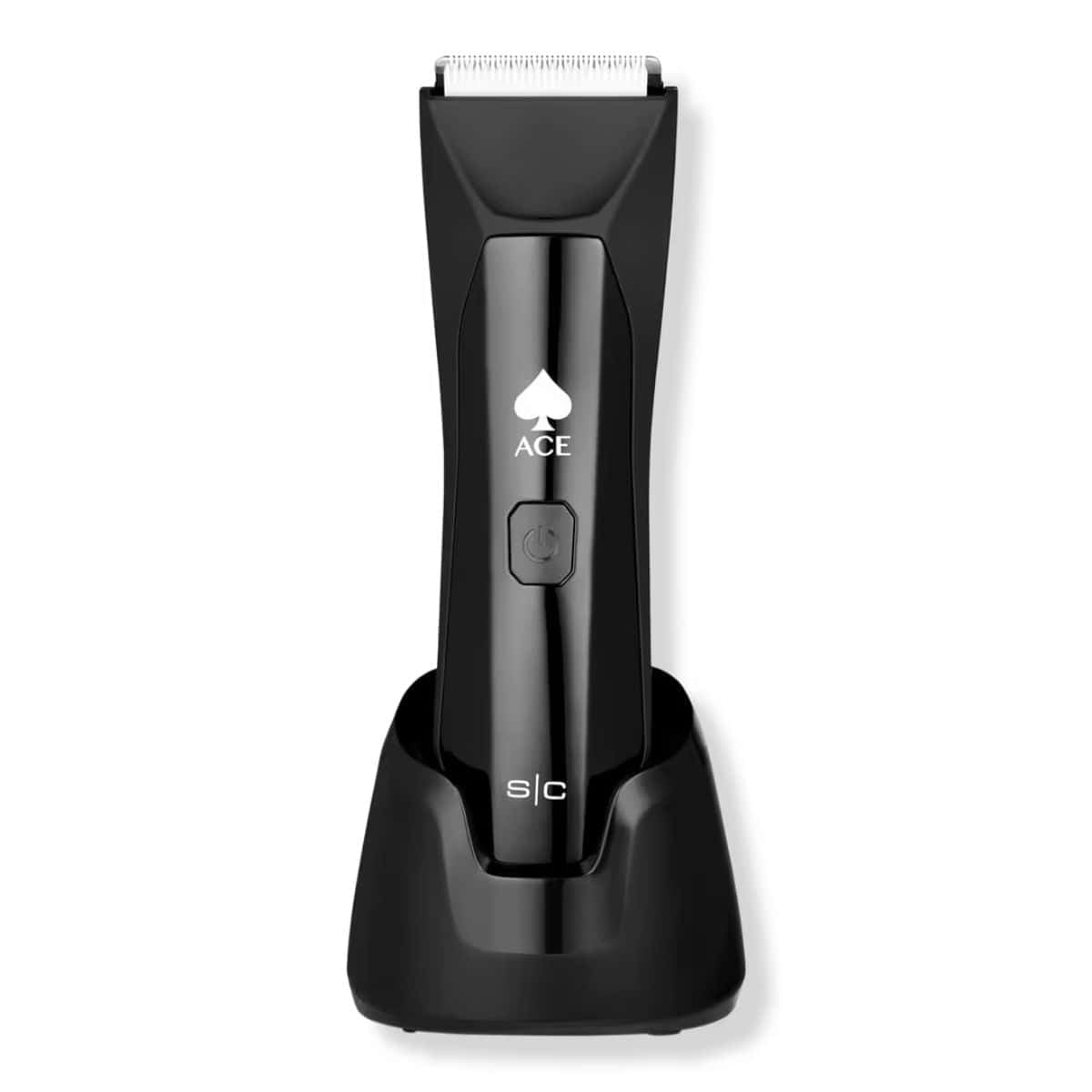 Black ACE electric hair trimmer with a silver cutting blade displayed upright in a matching charging stand.