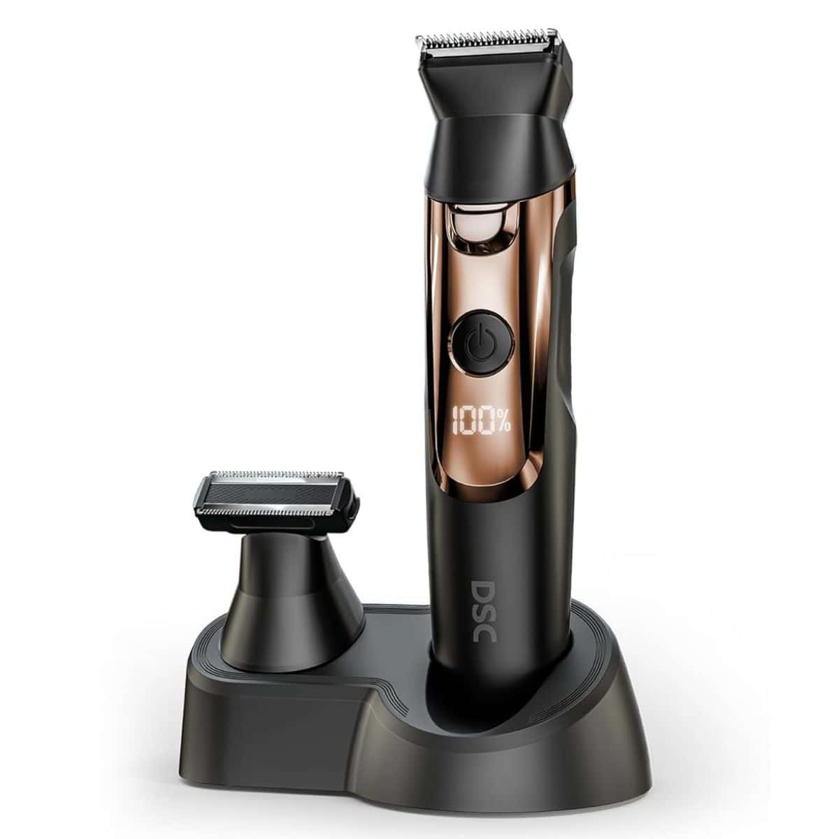 Black and gold electric beard trimmer with digital display, shown on a charging stand with an extra trimming head on a white background.