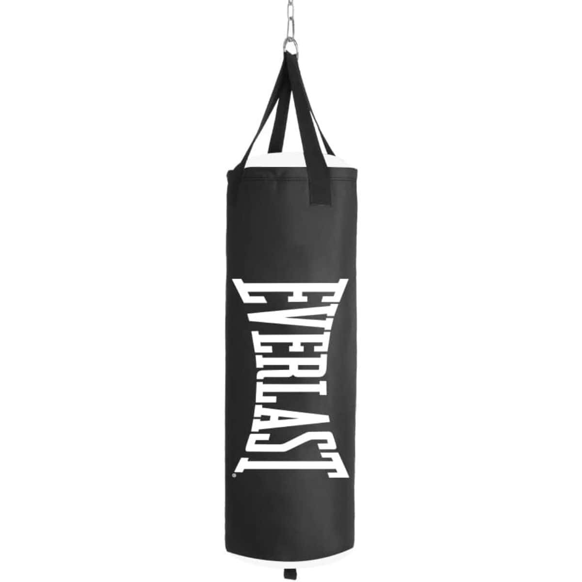 Black Everlast hanging punching bag with white logo, suspended by straps and a metal chain against a plain white background.