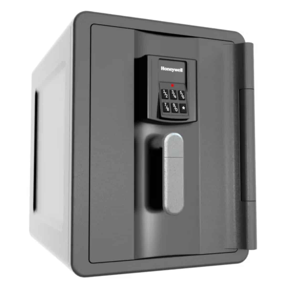 Black Honeywell fireproof and waterproof safe with digital keypad lock and silver handle, shown closed on a white background.