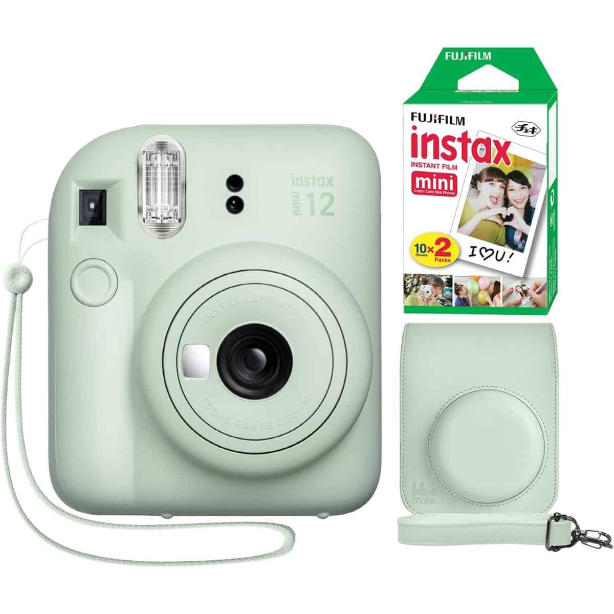 Mint green Fujifilm Instax Mini 12 instant camera with matching case, wrist strap, and a box of Instax Mini film.