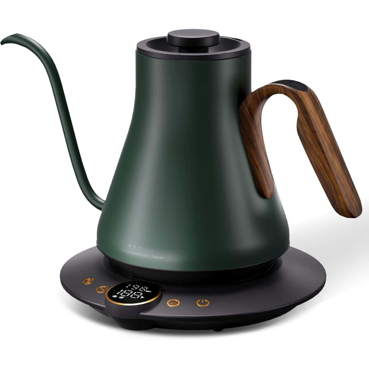 Gooseneck electric kettle with a wooden handle, digital temperature control base, and long precision spout for pour-over coffee or tea.