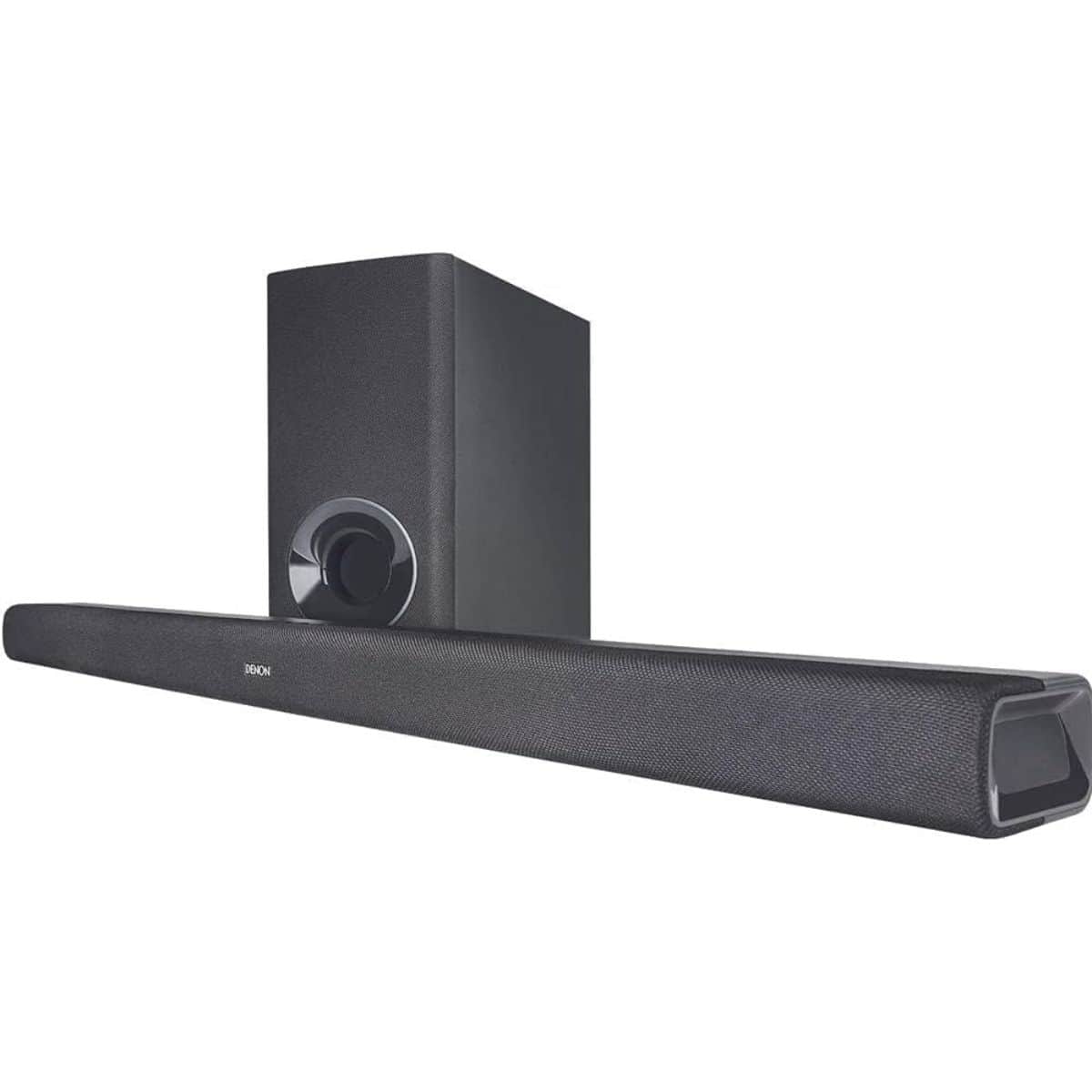 Black home theater soundbar with matching subwoofer, designed for enhanced TV and movie audio.