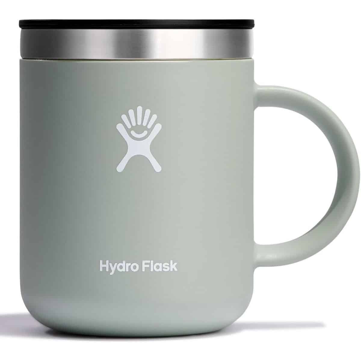 Light gray Hydro Flask coffee mug with handle and stainless steel rim shown on a white background.