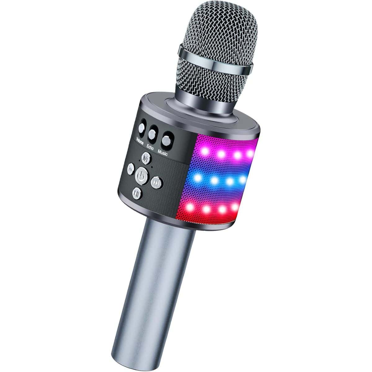 Wireless karaoke microphone with built-in speaker, control buttons, and colorful LED lights, shown on a white background.