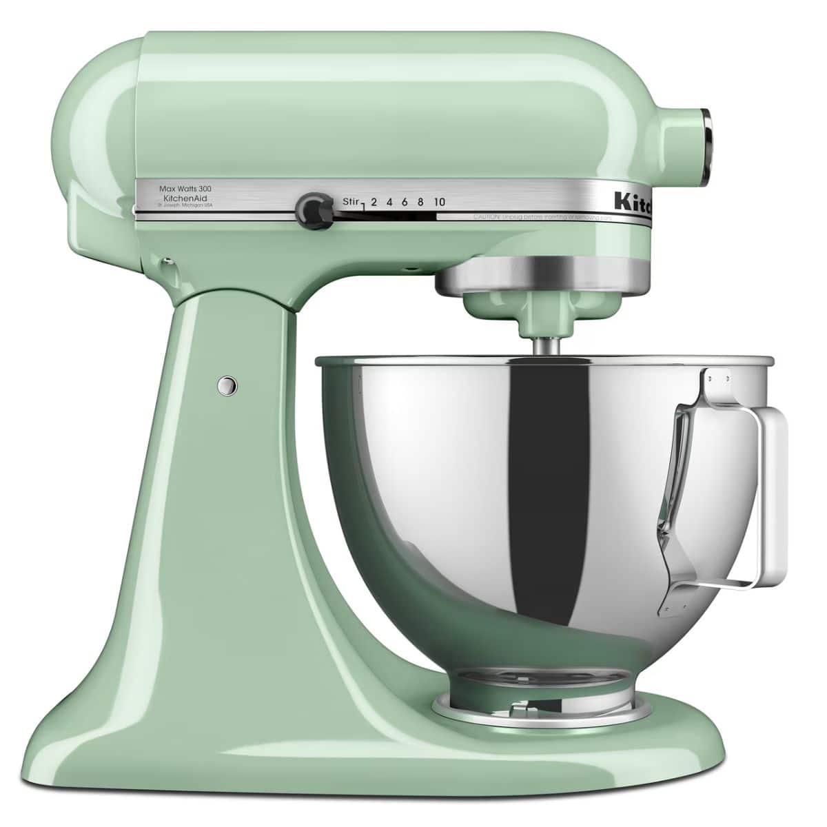 Mint green KitchenAid stand mixer with a stainless steel mixing bowl attached.